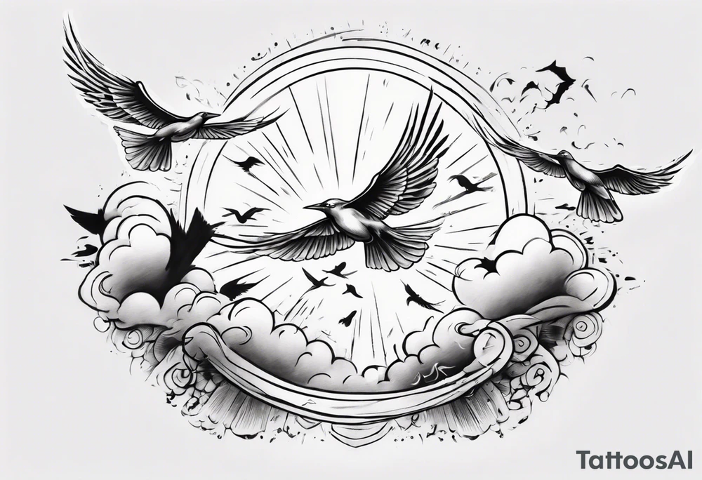 a shoulder tattoo with rays of light, clouds and birds flying free tattoo idea