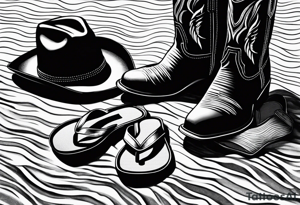Keep it simple. A pair of mens boots next to two flip flops and a cowboyhat on the Beach. tattoo idea