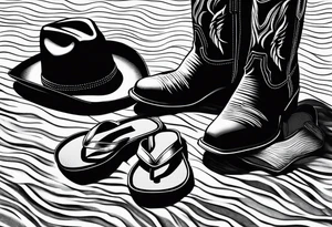 Keep it simple. A pair of mens boots next to two flip flops and a cowboyhat on the Beach. tattoo idea