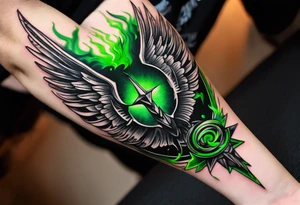 Forearm wing tattoo with streaks of neon green lightning going through/around it tattoo idea