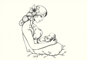 Mère assise  qui allaite son bébé, la mère à une fleur de lys sur la tête et des racines d’arbre de vie. Le bébé est dans une coquille œuf tattoo idea