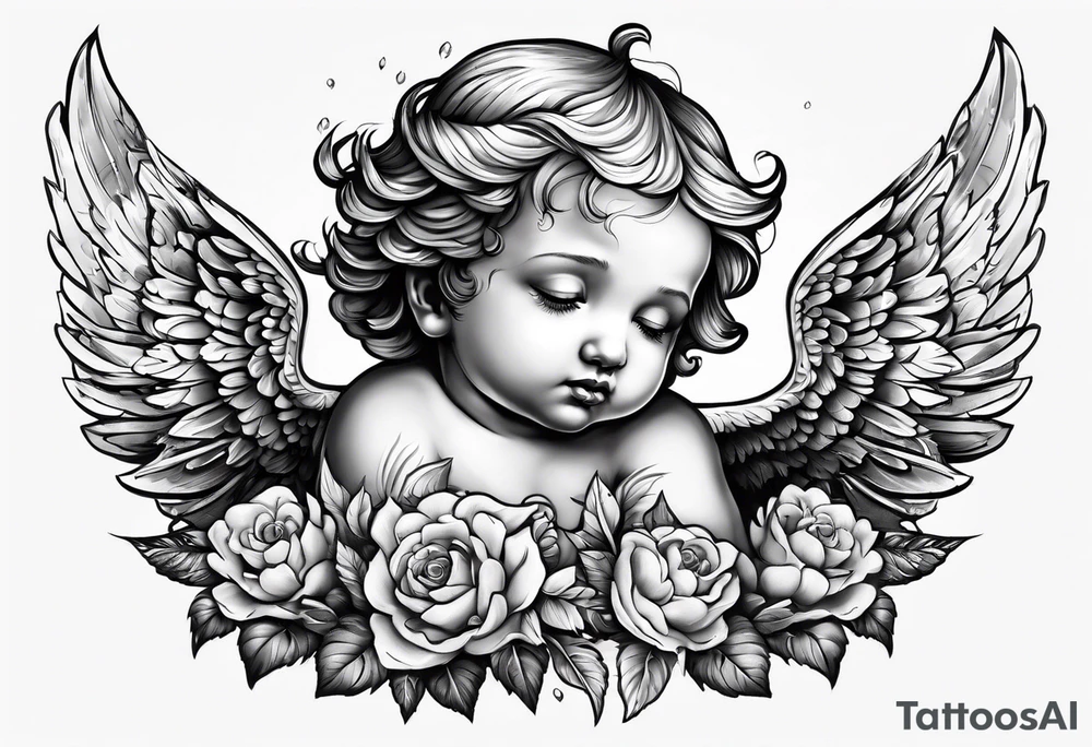 Crying cherub angel with tattoos on its arms tattoo idea