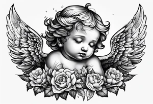 Crying cherub angel with tattoos on its arms tattoo idea