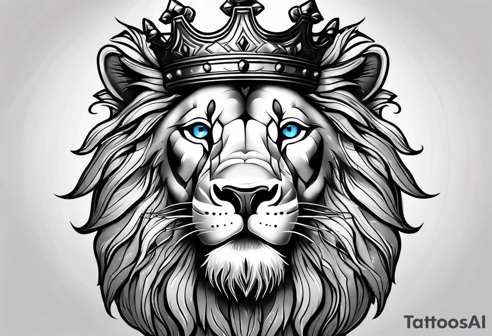 lion with a crown and blue
 eyes and mouth open teeth showing and scar over the eye tattoo idea