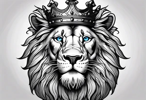 lion with a crown and blue
 eyes and mouth open teeth showing and scar over the eye tattoo idea