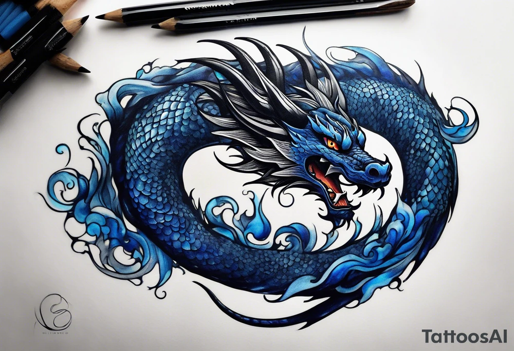 An epic floating dragon. Its long body coiling dynamically, with scales and horns detailed to create a sense of movement and strength. The dragon's main color is midnight blue, giving a vibrant depth and a mystical aura. This tattoo highlights the dragon’s fierce expression and sharp claws. tattoo idea