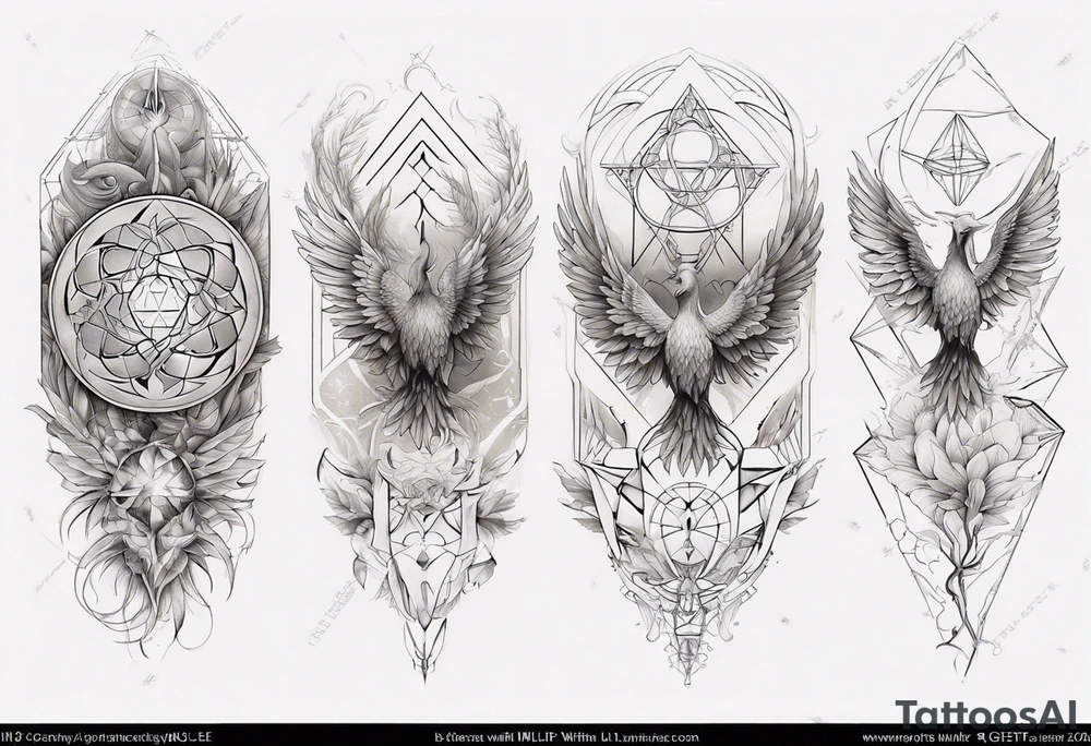 Sleeve for woman's arm phoenix sacred geometry with Metatron's cube tattoo idea