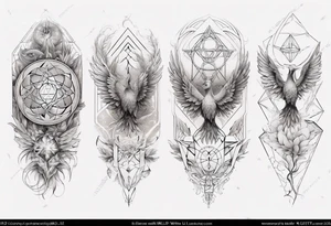 Sleeve for woman's arm phoenix sacred geometry with Metatron's cube tattoo idea