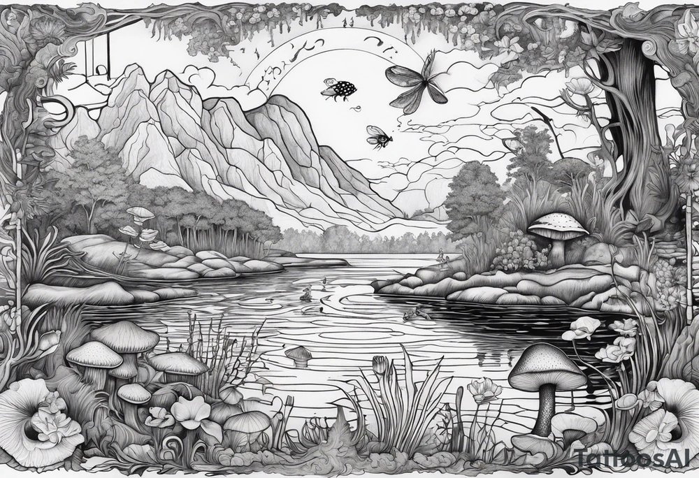 A bayou that has cypress trees, mushrooms, wild flowers, lily pads, frogs, and bugs with a mermaid in the background that is singing music. tattoo idea