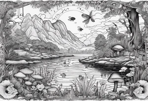 A bayou that has cypress trees, mushrooms, wild flowers, lily pads, frogs, and bugs with a mermaid in the background that is singing music. tattoo idea