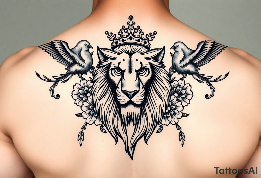 powerful majestic lion with a crown, surrounded by floral ornaments and birds tattoo idea