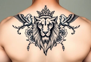 powerful majestic lion with a crown, surrounded by floral ornaments and birds tattoo idea