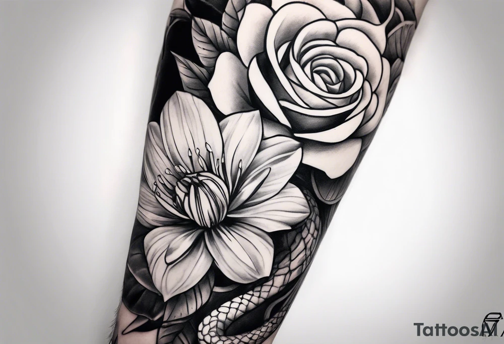 High contrast black and grey forearm snake and flower sleeve stencil tattoo idea