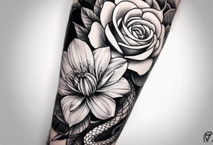 High contrast black and grey forearm snake and flower sleeve stencil tattoo idea