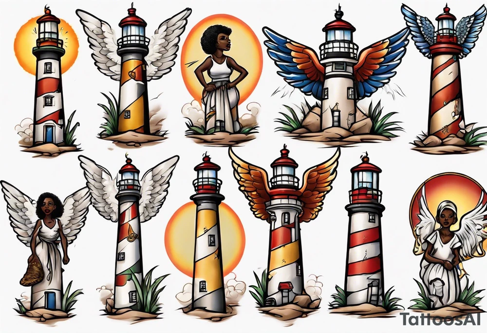 African angel on a lighthouse tattoo idea