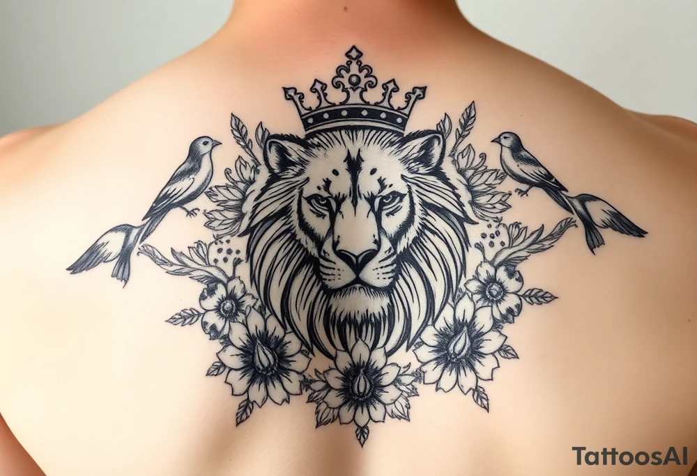 powerful majestic lion with a crown, surrounded by floral ornaments and birds tattoo idea