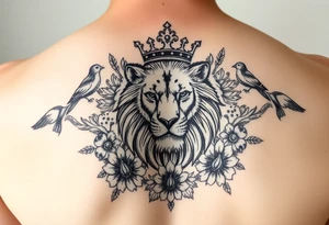 powerful majestic lion with a crown, surrounded by floral ornaments and birds tattoo idea