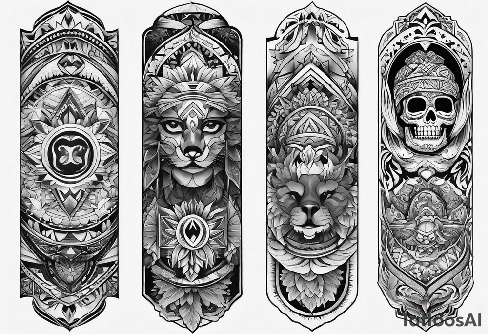 Appalachia Mexican heritage tattoo full arm sleeve, no portraits, more geometric patterns tattoo idea