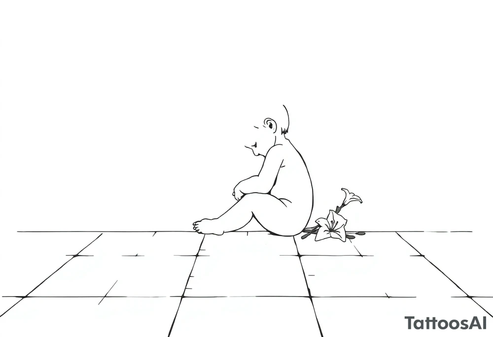 A simple tile floor with a minimalist outline of a curled child sitting on the floor with a lily next to her tattoo idea