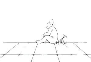 A simple tile floor with a minimalist outline of a curled child sitting on the floor with a lily next to her tattoo idea