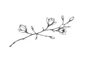 Magnolia branch long with different small almost closed flowers, with botanical details and dots tattoo idea