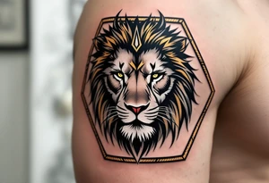 A Czech lion inside a hexagonal frame, combining realism and modern minimalism, with subtle gold highlights. tattoo idea