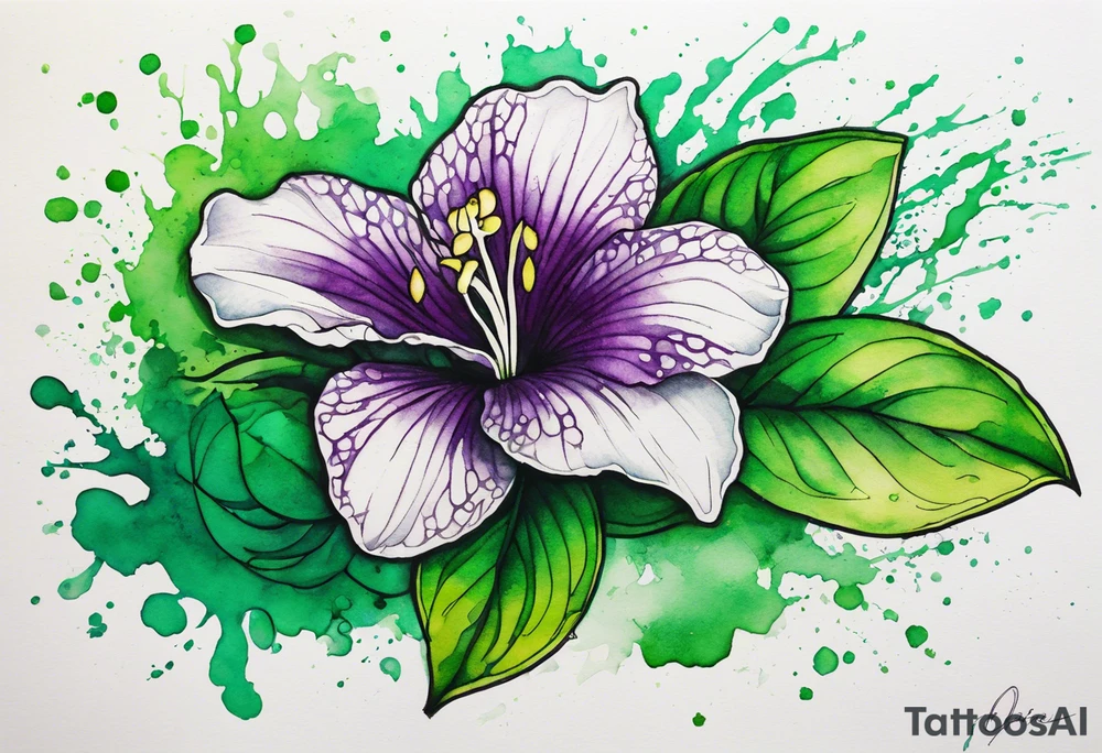 An outline of an only green rio dipladenia flower and a green and purple watercolor splash in the background tattoo idea