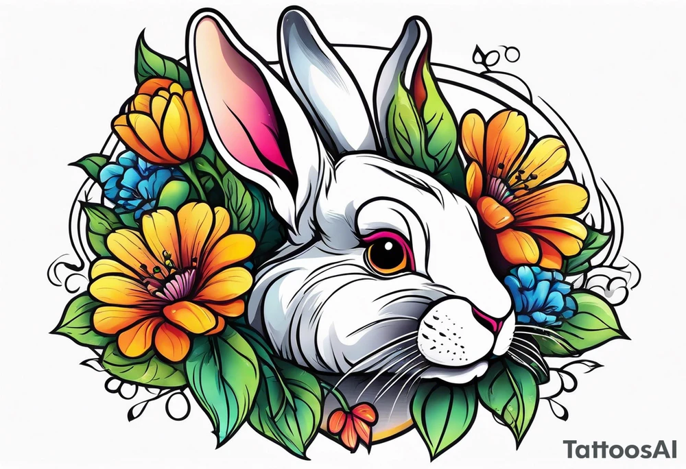Realistic rabbit head and flowers tattoo idea