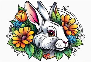 Realistic rabbit head and flowers tattoo idea