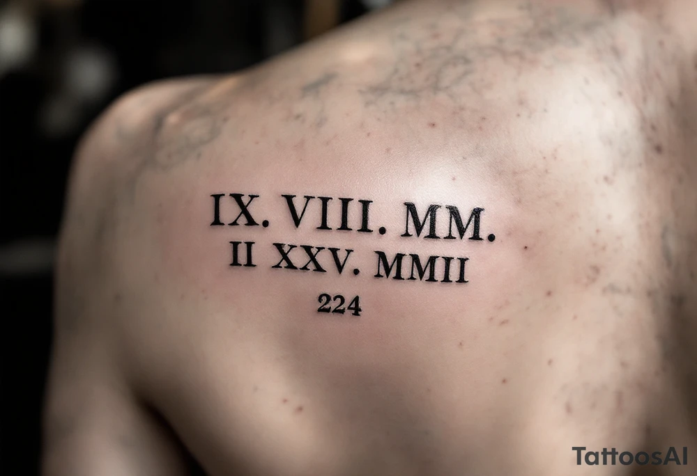 IX.VII.MM. and II.XXV.MMII with a space between them, along with the number 224 simple tattoo idea