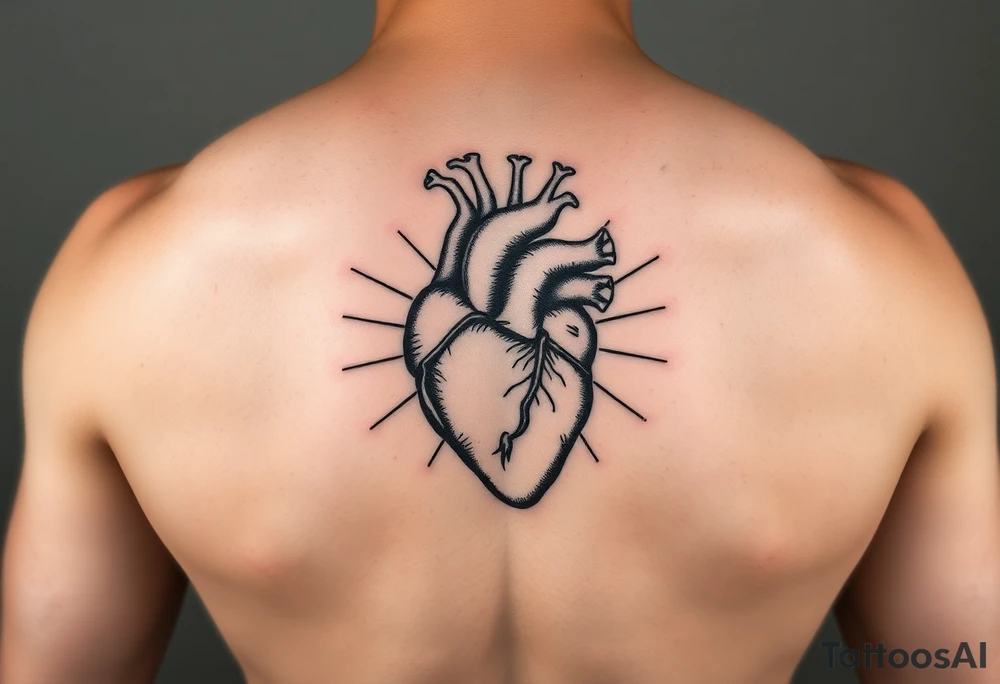 woodcut realistic human heart etching tattoo high detail anatomy with lines coming off of it like a nautical compass tattoo idea