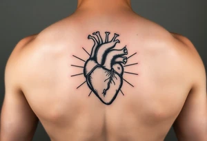 woodcut realistic human heart etching tattoo high detail anatomy with lines coming off of it like a nautical compass tattoo idea