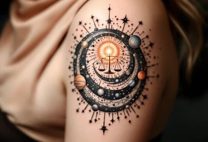 A celestial spiral made of stars and planets, with a glowing scale at the center, symbolizing cosmic justice and karmic cycles. tattoo idea