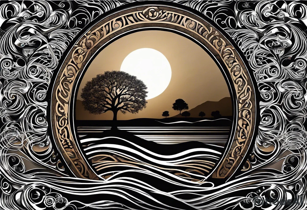 A tattoo design that incorporates the following elements: an abstract tree of life that has roots emerging  from the ground. Waves of water encapsulate the tree and wind around it in an organic way.  Incorporate music.   the letters U and A are overlapping and engraved into the tree. a golf ball incorporated but not prominent. tattoo idea