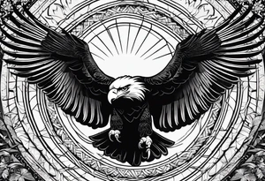 a sun with 21 ray in the background front of sun a simplified open wing eagle and in eagles left foot holding a kalashnikof right foot holding a reed tattoo idea