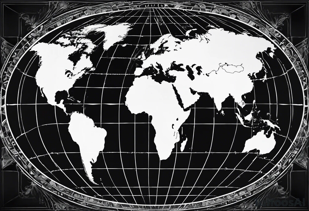 the earth on a flat map with light fading shading placed on a grid with only the lines with accurate depictions of the borders in countries while having it in an oval/circular position on a grid without any borders on the sides tattoo idea