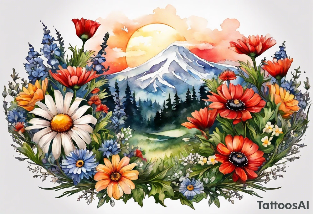 sideways oval of wildflowers cascading with thistles, ferns, white anemones, sun flowers, red flowers, black flowers, buttercups, orange flowers, babys breath and daisies all in watercolor tattoo idea