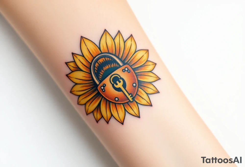 A sunflower lock with a bronze key flowing near the lock within its petals, radiating warmth and positivity tattoo idea