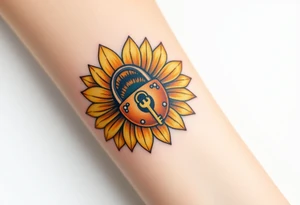 A sunflower lock with a bronze key flowing near the lock within its petals, radiating warmth and positivity tattoo idea