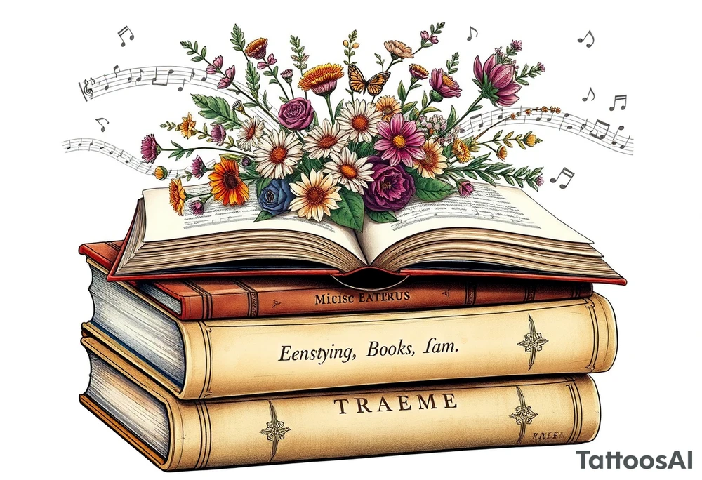 stack of 3 vintage books with famous names on the spines top book open with bouquet of different kinds of wild 
flowers coming out of it
Music notes dancing around in the background tattoo idea