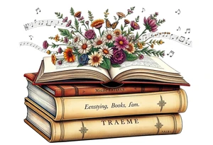 stack of 3 vintage books with famous names on the spines top book open with bouquet of different kinds of wild 
flowers coming out of it
Music notes dancing around in the background tattoo idea