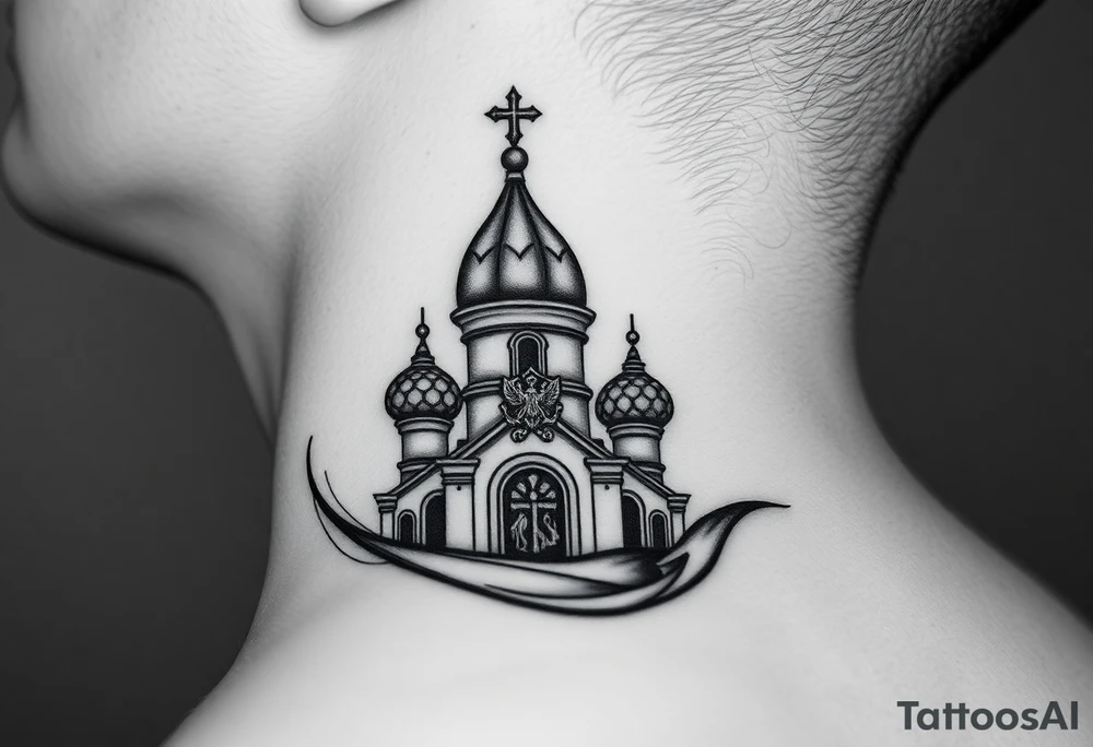 Flowing Scene

A onion domes orthodox church
Virgin Mary in prayer pose wrapping around the lower neck curve
A small double headed russian coat of arms eagle or just the star tucked above the dome near the hairline tattoo idea