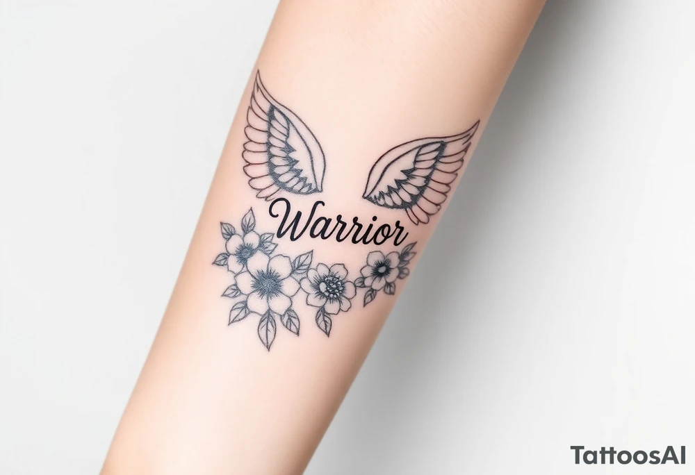 angel wing with word "Warrior" surrounded with flowers tattoo idea