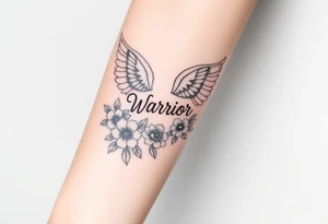 angel wing with word "Warrior" surrounded with flowers tattoo idea