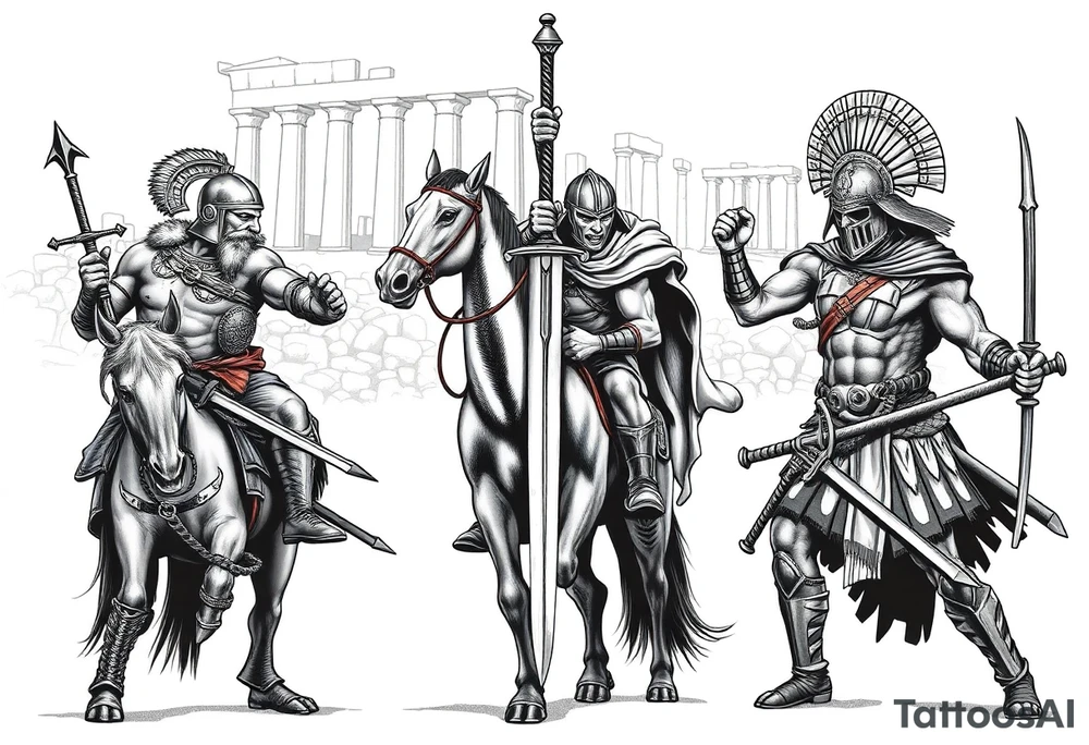 Viking vs Angus Kahn vs English knight on horse vs Roman gladiator vs Japanese samurai. Note realistic fighting and weapons against each other. Background ancient ruins of Greece behind tattoos to fill in skin area no sword down the middle tattoo idea