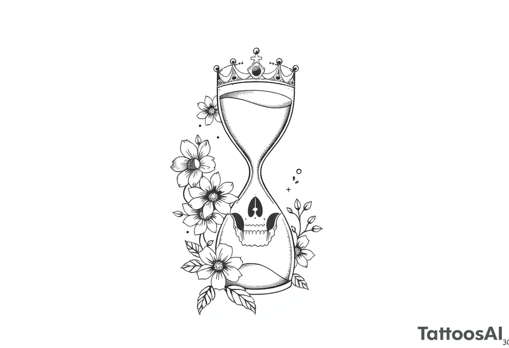 Hourglass with detailed beautiful gothic boho flowers on vine and skull with gorgeous crown tattoo idea