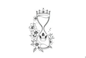 Hourglass with detailed beautiful gothic boho flowers on vine and skull with gorgeous crown tattoo idea