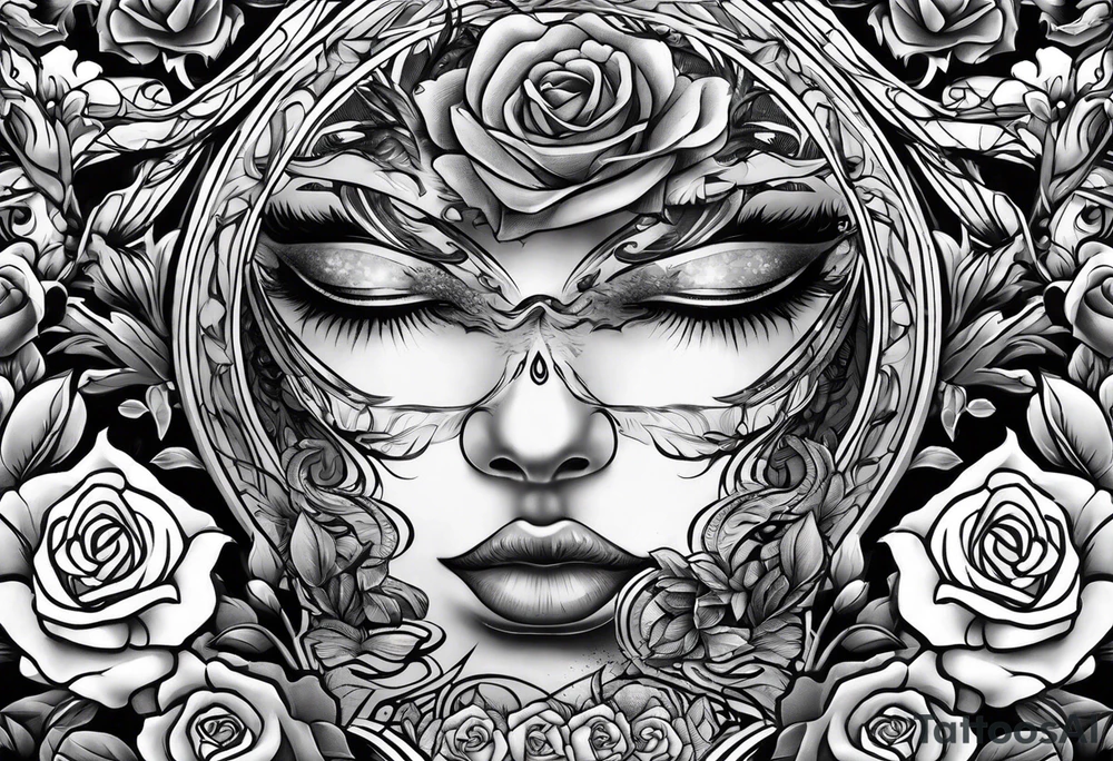 arm sleeve eyes smoke rose tattoo idea