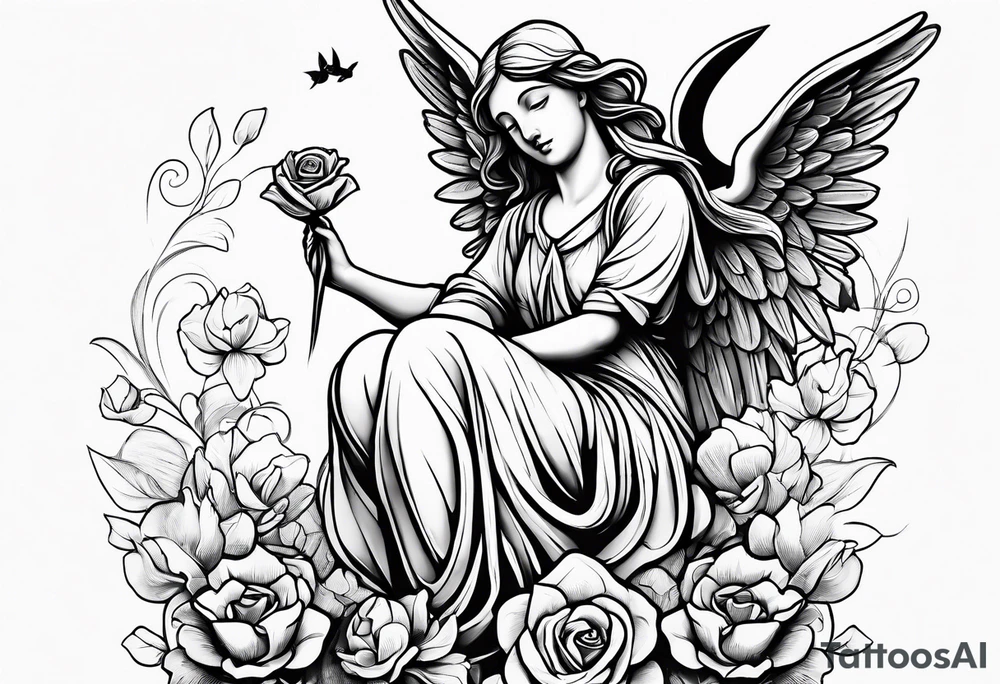 Simple Angel statue stood on a rock with daffodils and roses wrapped around its legs tattoo idea