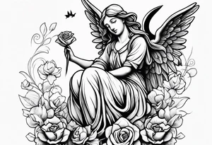 Simple Angel statue stood on a rock with daffodils and roses wrapped around its legs tattoo idea